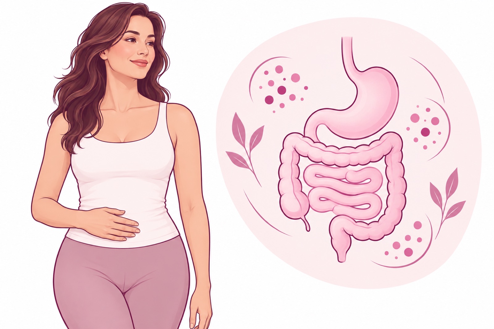 Illustration of a relaxed woman beside a soft pink drawing of the digestive system