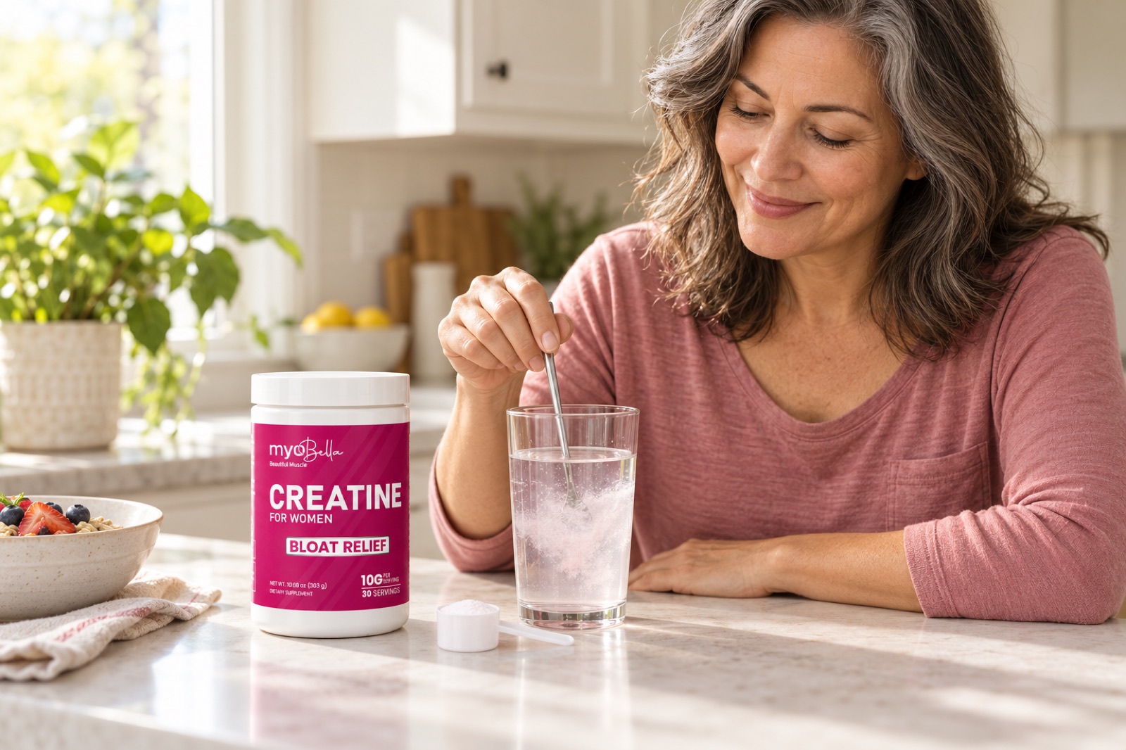 A woman smiling as she stirs MyoBella into a glass of water at her kitchen counter