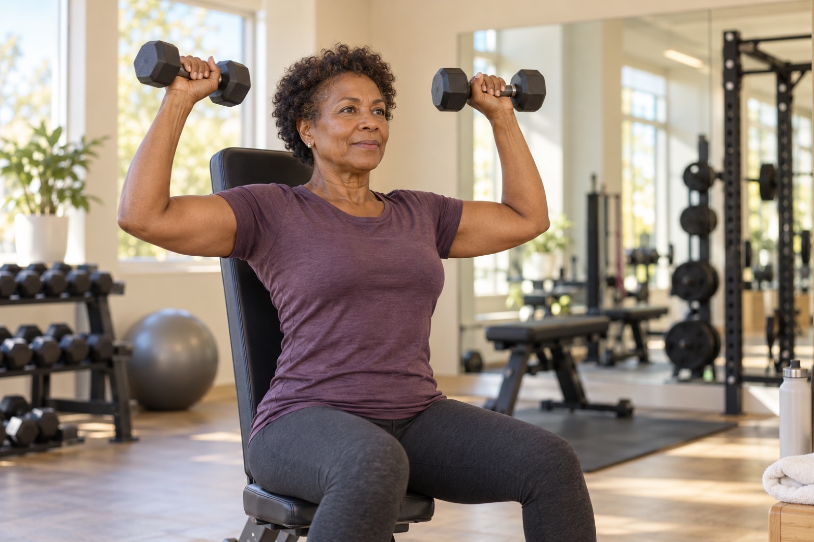 A woman in her sixties doing a seated dumbbell shoulder press in a bright studio