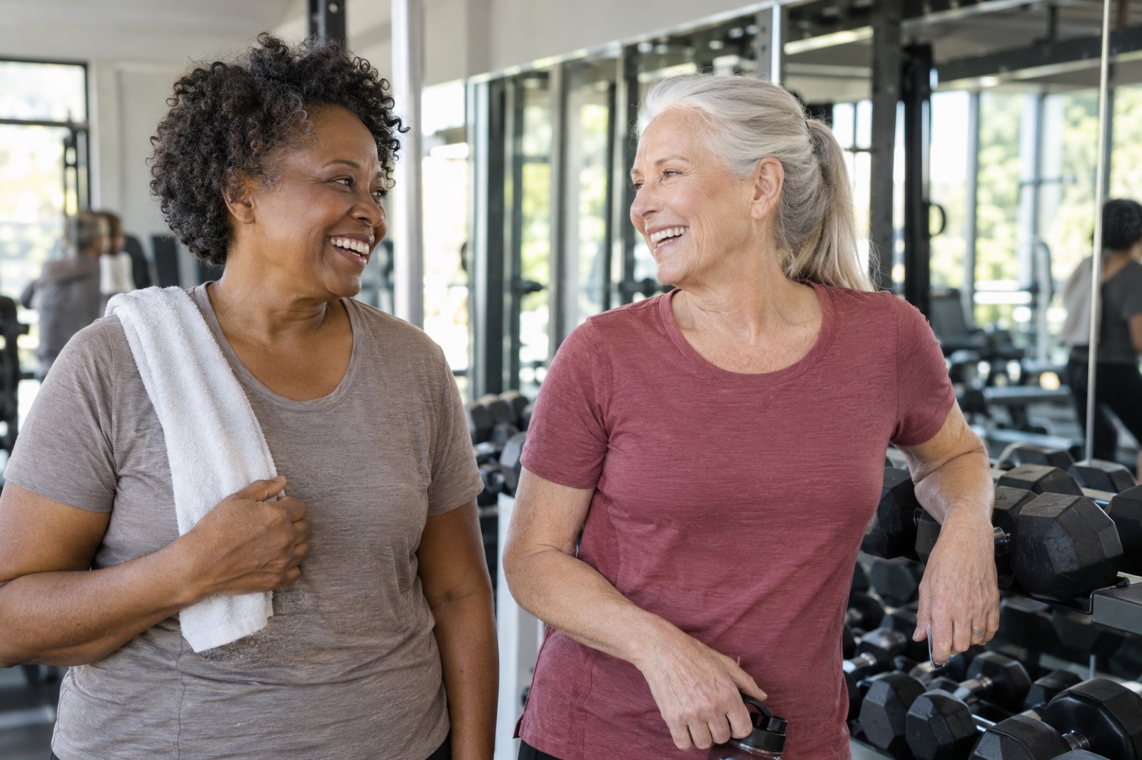 Two women laughing together after a workout