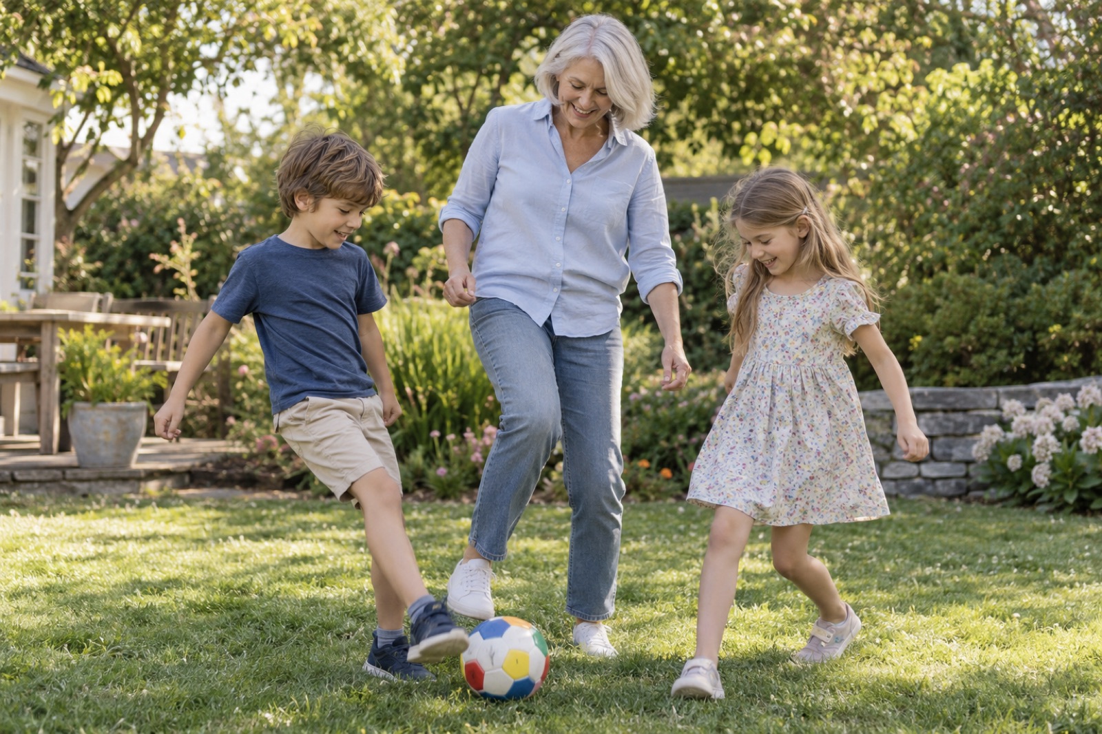 A grandmother playing soccer in the backyard with her two grandchildren