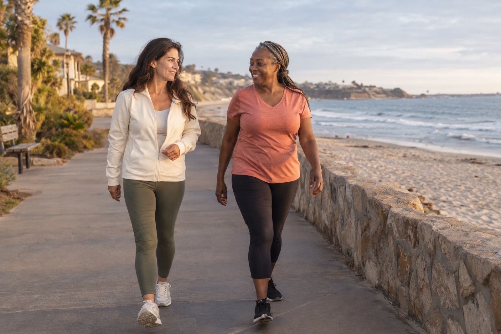 Two women in their fifties laughing together on a seaside walk